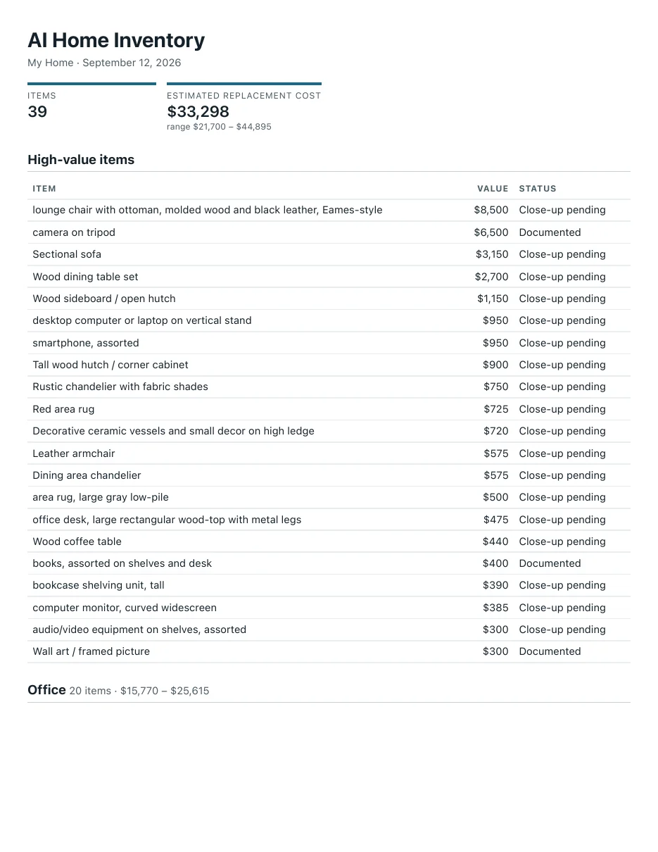 Page 1 of the PDF report: 39 items, estimated replacement cost $33,298 with a range, and a high-value items table with each item's value and close-up status
