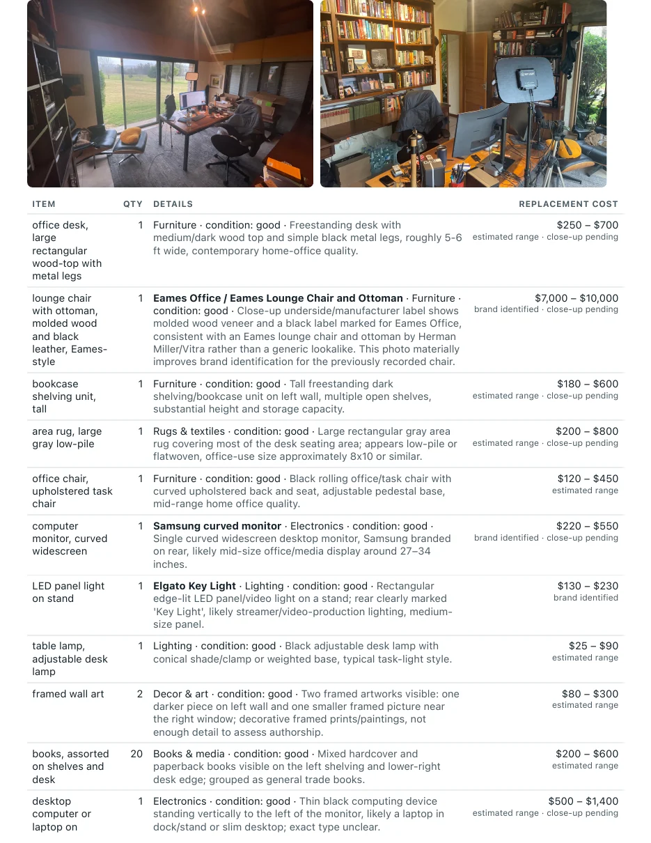 Page 2 of the PDF report: the office's two room photos followed by an itemized table with quantity, condition, description, brand where identified, and a replacement-cost range per item
