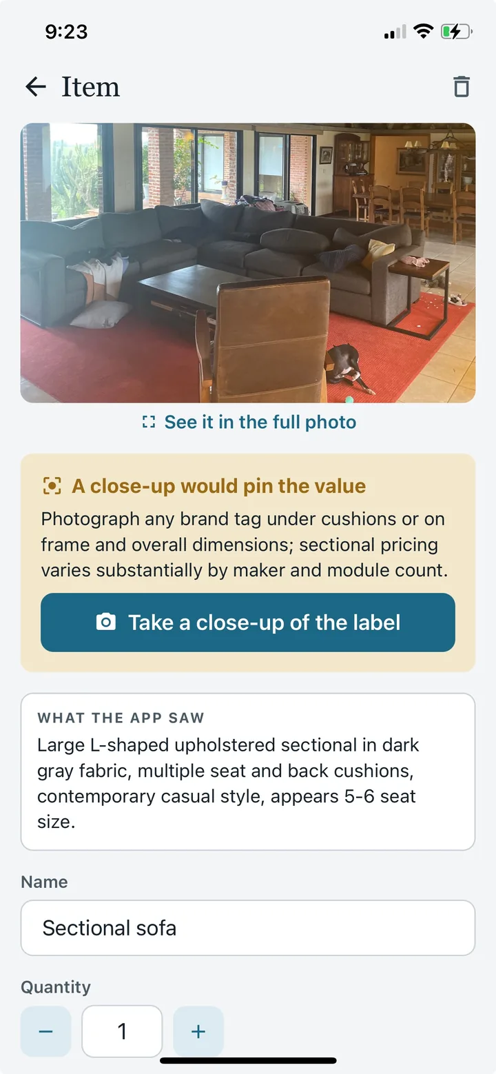 Item screen for a sectional sofa with a prompt to photograph the brand tag so the value can be pinned
