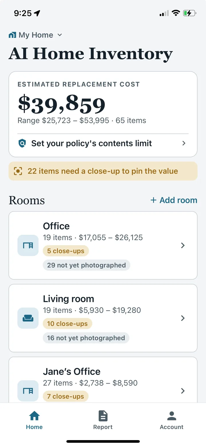 Home screen showing an estimated replacement cost of $39,859 for 65 items across three rooms, with a prompt to set the policy's contents limit