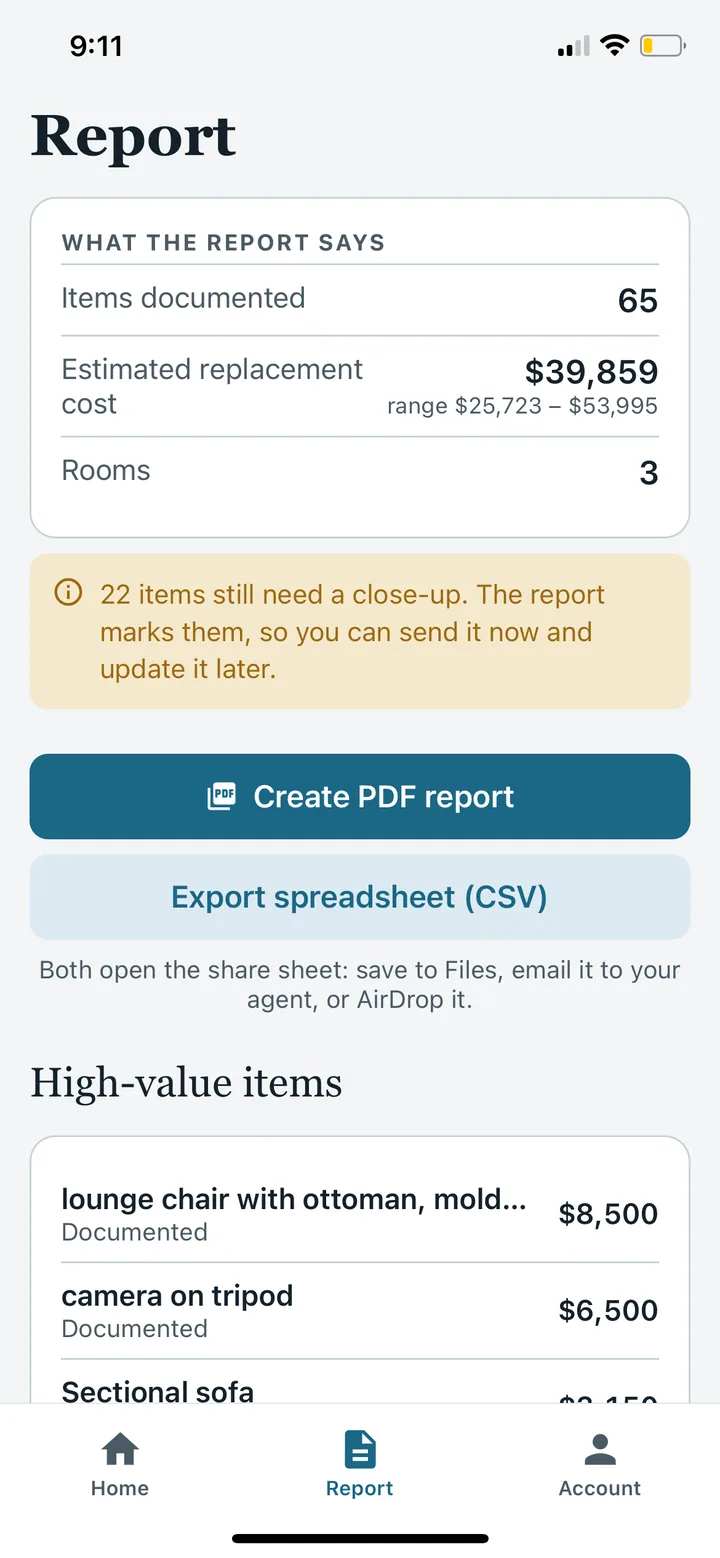 Report screen showing 65 items documented, the estimated replacement cost, and buttons to create a PDF or export a CSV