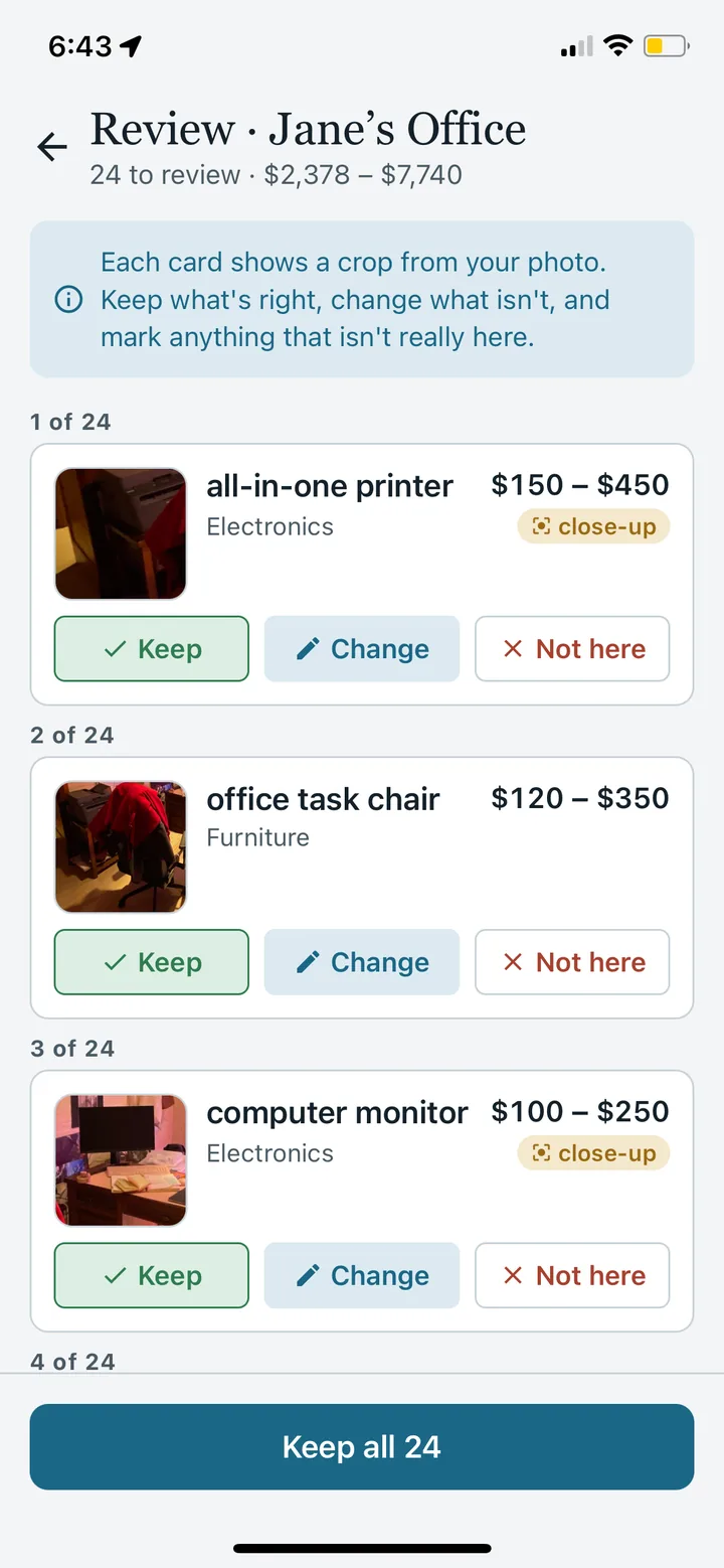 Review list for an office with a zoomed crop per item, a value range, and Keep, Change and Not here buttons