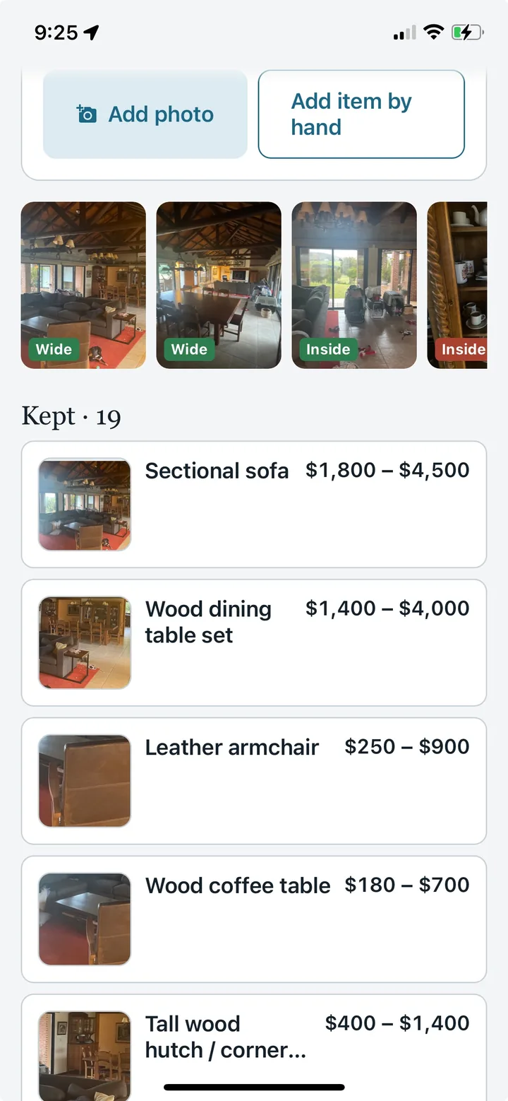 Room screen with the two wide shots and an inside-the-cabinet shot, and 19 kept items with values